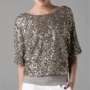 VINCE Cluster Sequin Raglan Sleeve Cropped Gun Metal Rose Gold Top